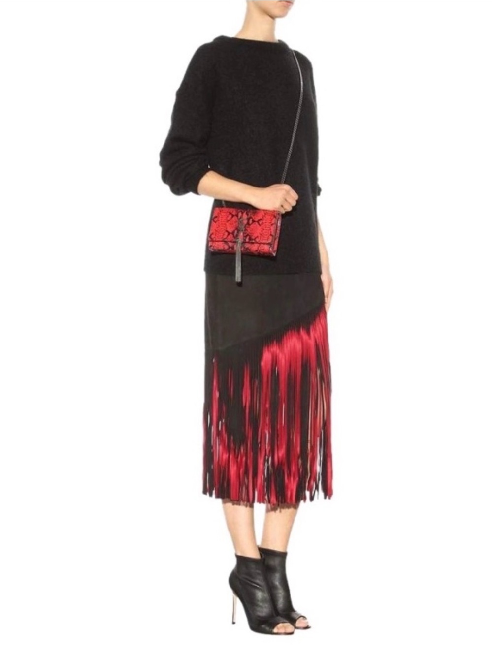 NWT Tamara Mellon Goat Suede w/ Two-Tone Black and Red Fringe Midi Skirt size 0 - Picture 2 of 9